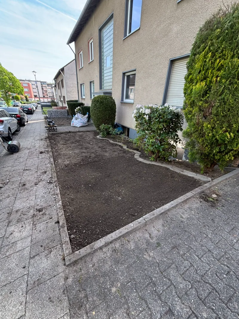 Vorgarten vor einem Mehrfamilienhaus mit abgetragener, eingeebneter Erdfläche, eingefasst von Pflaster